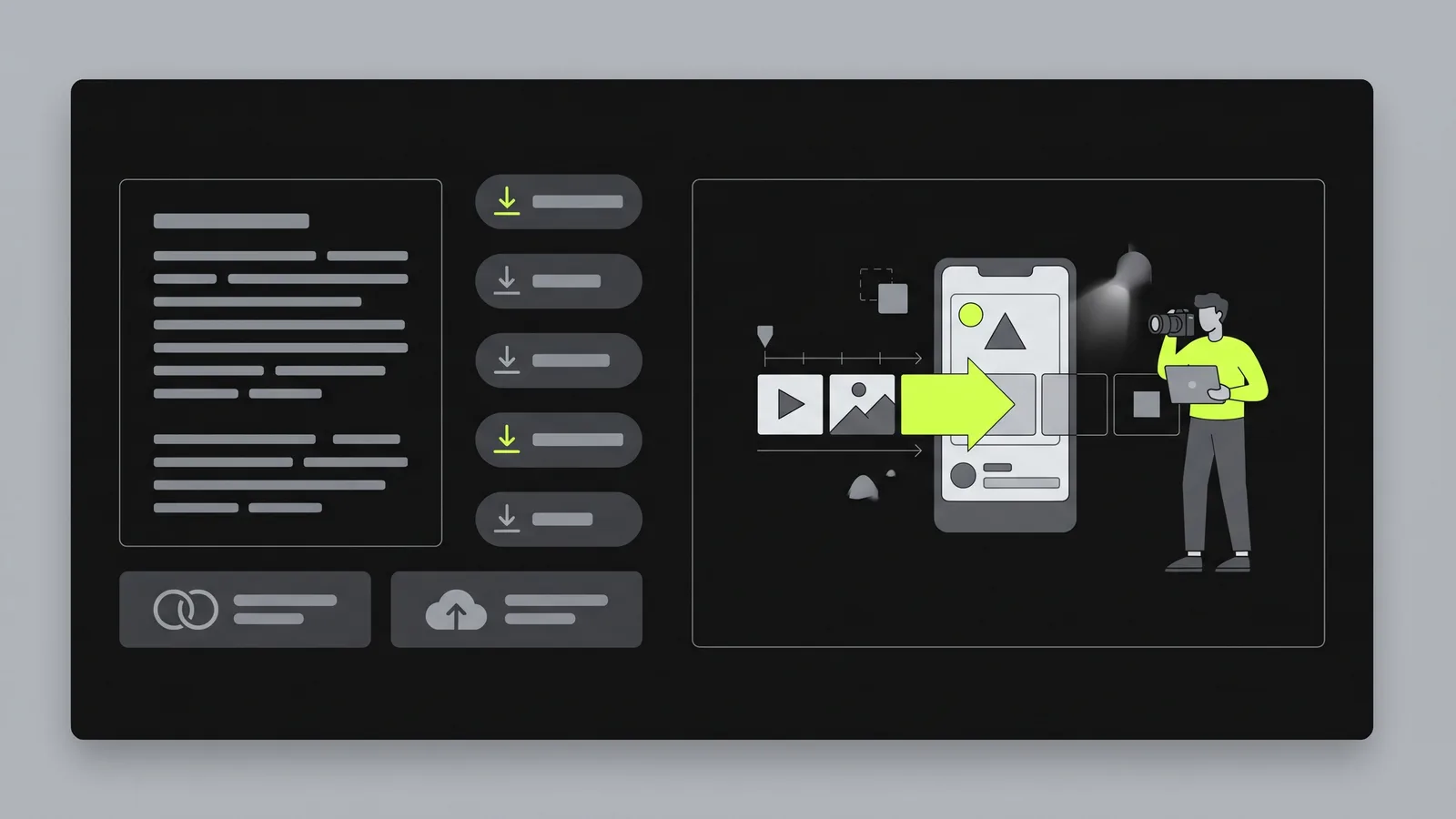 Transcript result screen: paragraph text on the left, SRT and VTT download buttons on the right, and hand-off buttons to script and clipping below